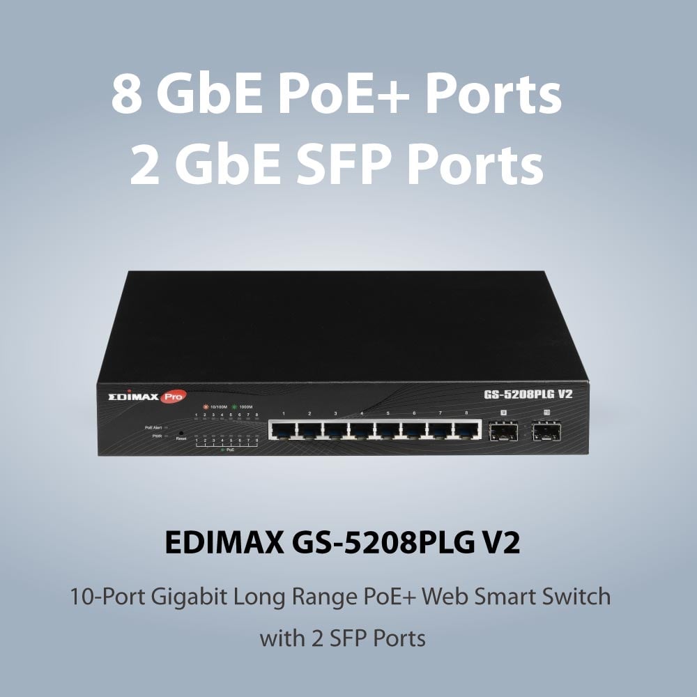 Smart Switch Web 10 porte Gigabit PoE+ 2 porte SFP, GS-5208PLG V2 - Edimax ICE-GS5208PLGV2