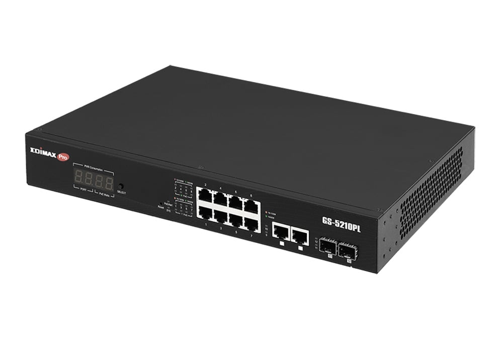 Smart Switch Web a Lungo Raggio 12 porte Gigabit PoE+ VLAN con 2 porte Gigabit RJ45 e 2 porte SFP, - Edimax ICE-GS5210PL