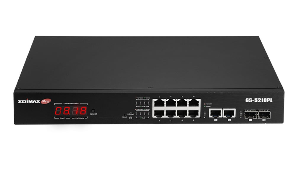 Smart Switch Web a Lungo Raggio 12 porte Gigabit PoE+ VLAN con 2 porte Gigabit RJ45 e 2 porte SFP, - Edimax ICE-GS5210PL