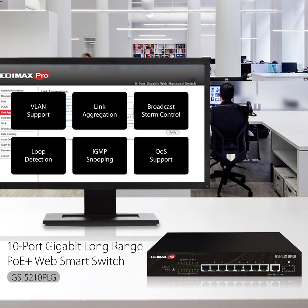 Smart Switch Web 10 porte Gigabit PoE+ 1 porta SFP, GS-5210PLG - Edimax ICE-GS5210PLG