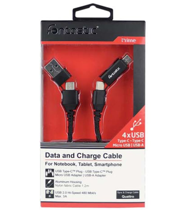 Cavo di Sincronizzazione e Ricarica USB-C USB-A e Micro USB 1.2m Nero - Fontastic ICFT-255175