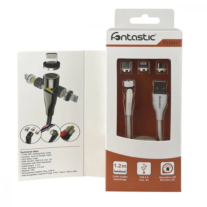 Cavo Magnetico di Ricarica 3 in 1 USB-C Micro USB e 8 pin con LED 1.2m - Fontastic ICFT-257063