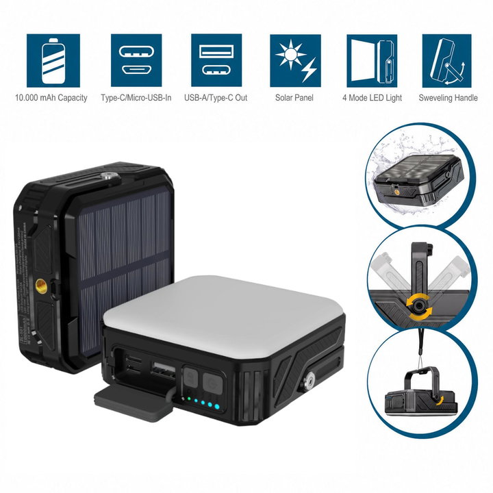 Power Bank Outdoor Solare 10000 mAh con Lampada LED IP65 2xUSB Nero - Fontastic ICFT-265501
