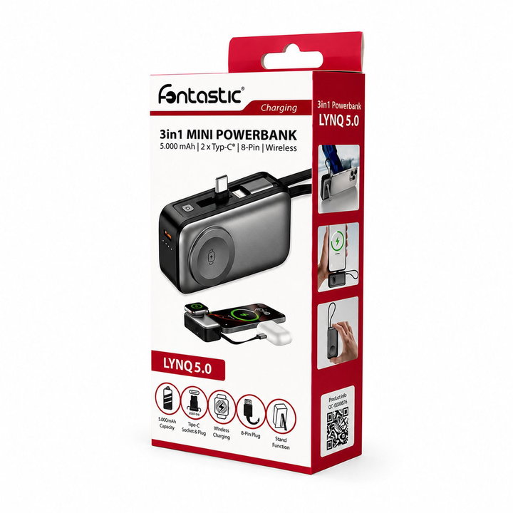 Mini Power Bank 3 in 1 5000 mAh 2 USB-C ports Wireless charging Black - Fontastic ICFT- 265518