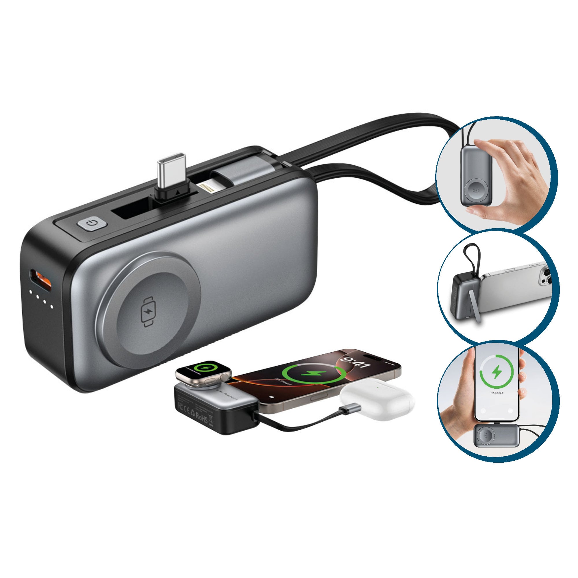Mini Power Bank 3 in 1 5000 mAh 2 USB-C ports Wireless charging Black - Fontastic ICFT- 265518