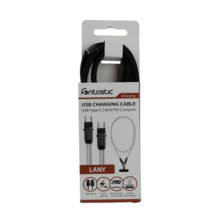 Cavo USB-C Maschio Maschio con Lanyard Integrato 60W PD Nylon e Alluminio, Nero - Fontastic ICFT-265525