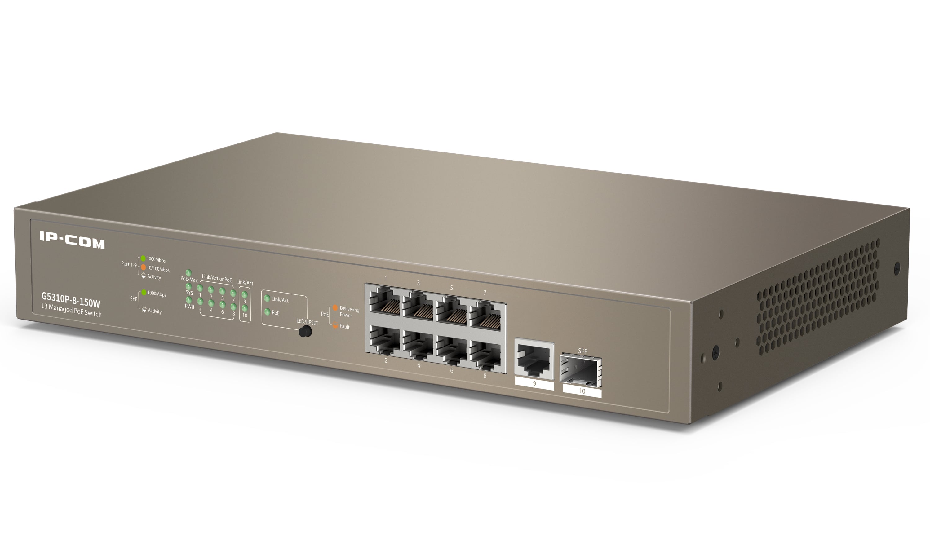Switch Managed Ethernet Layer 3 Cloud PoE 9p Gigabit 1 SFP 130W, G5310P-8-150W - Ip-com ICIP-G5310P-8
