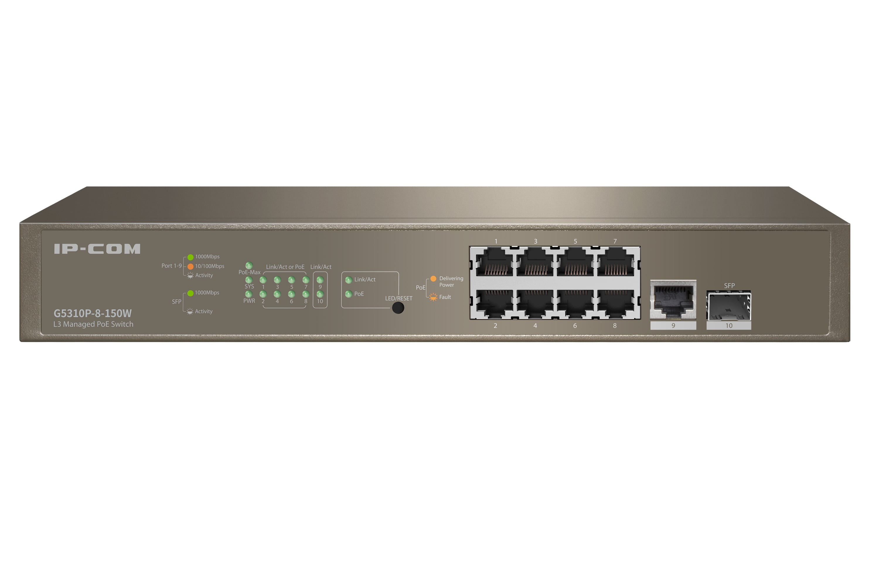 Switch Managed Ethernet Layer 3 Cloud PoE 9p Gigabit 1 SFP 130W, G5310P-8-150W - Ip-com ICIP-G5310P-8