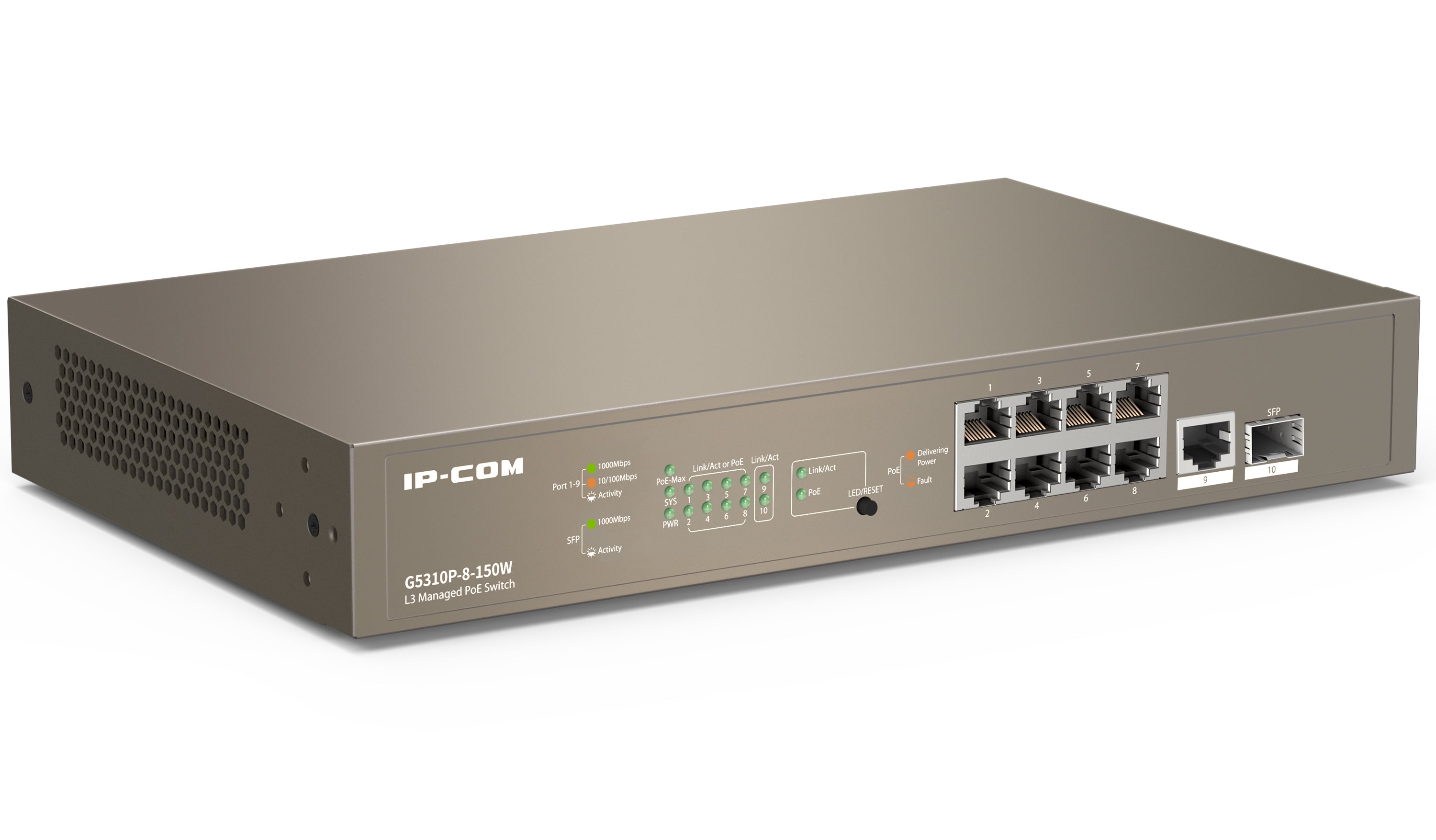 Switch Managed Ethernet Layer 3 Cloud PoE 9p Gigabit 1 SFP 130W, G5310P-8-150W - Ip-com ICIP-G5310P-8
