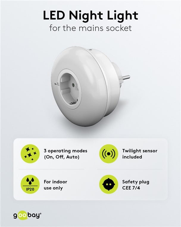 Luce Notturna a 3 LED Plug-In con Sensore Crepuscolare Bianco Freddo - Goobay ICLLE09