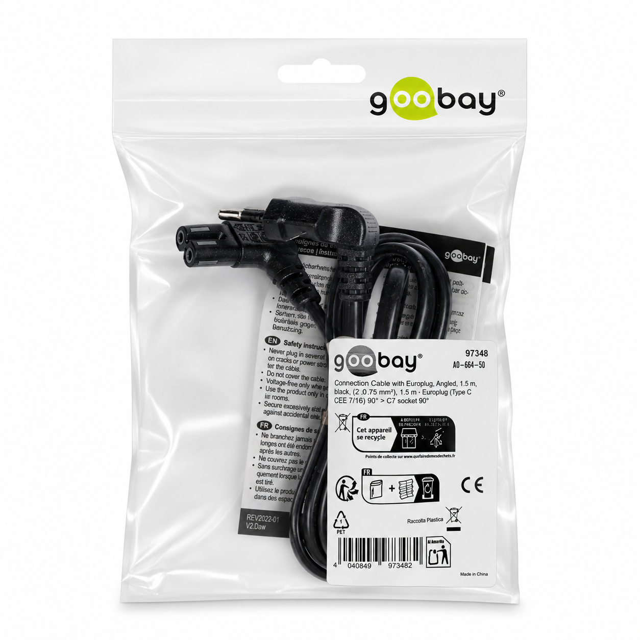 Cavo Alimentazione C7 a Italiana Angolati 1,5m Nero - Goobay ICOC 02-NC-ANG15B