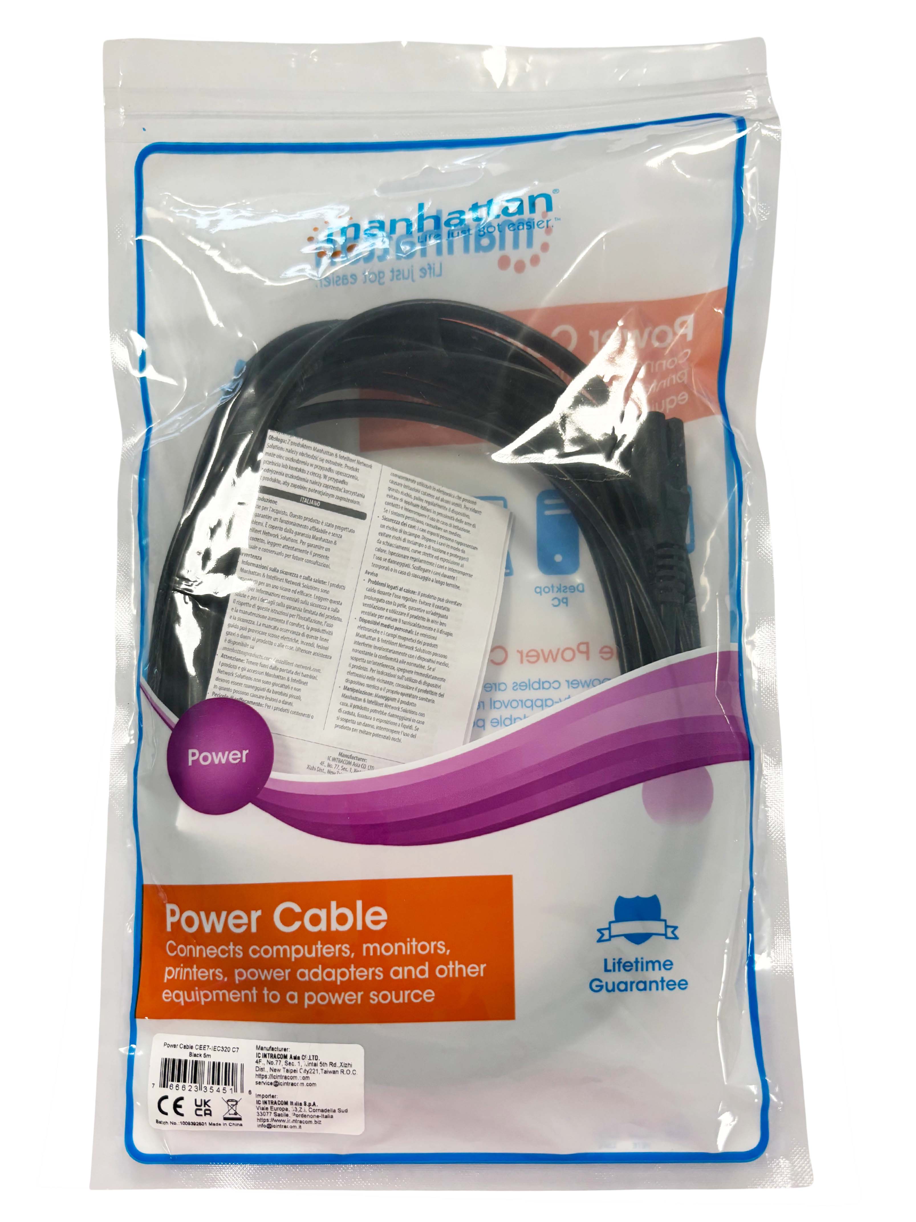 Cavo Alimentazione C7 a Italiana 5m Nero - Manhattan ICOC 02-NC-IT5MH