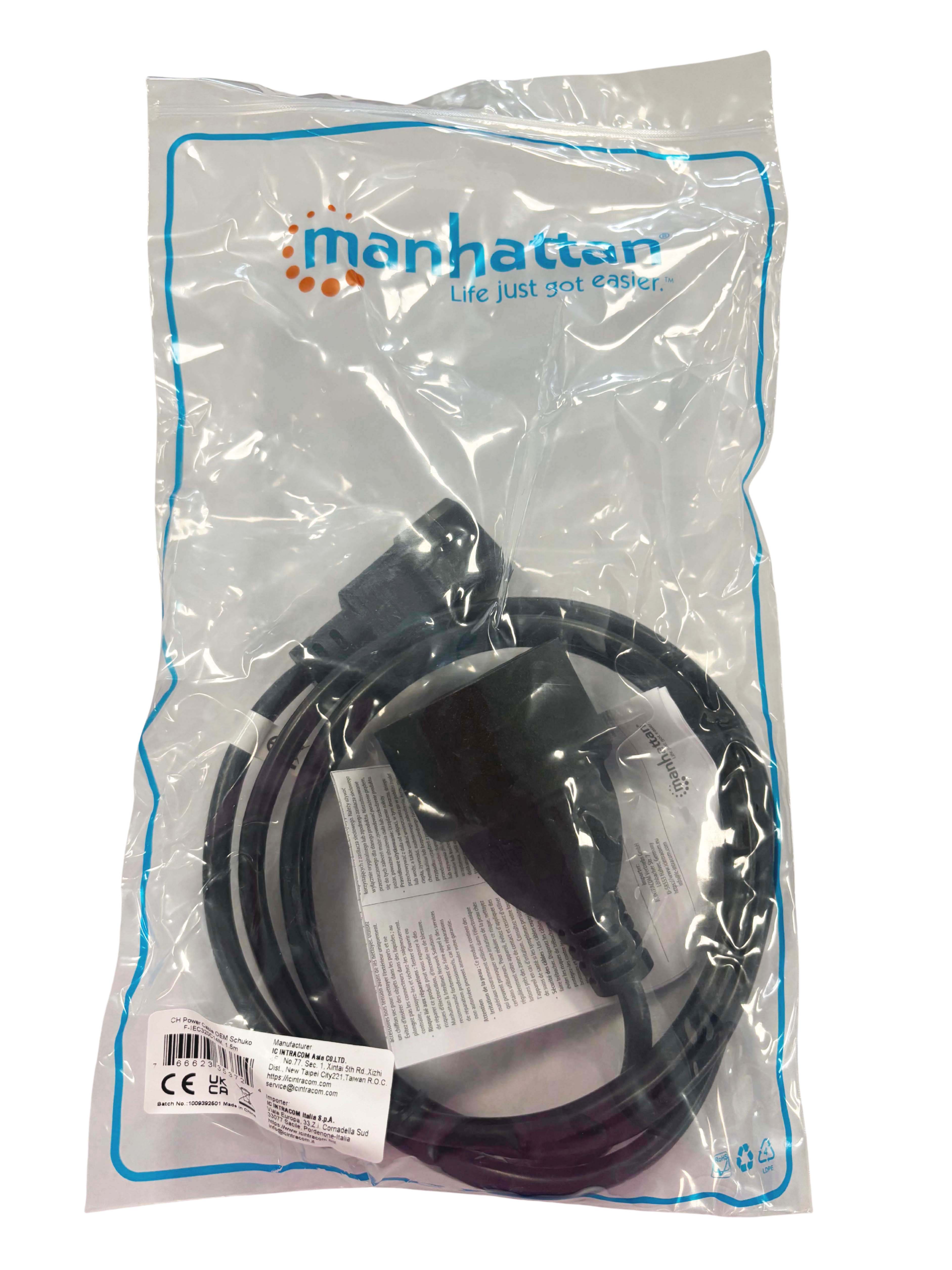 Cavo di Alimentazione VDE C14 Maschio / Schuko Femmina 1,5m Nero - Manhattan ICOC 067-NC-15