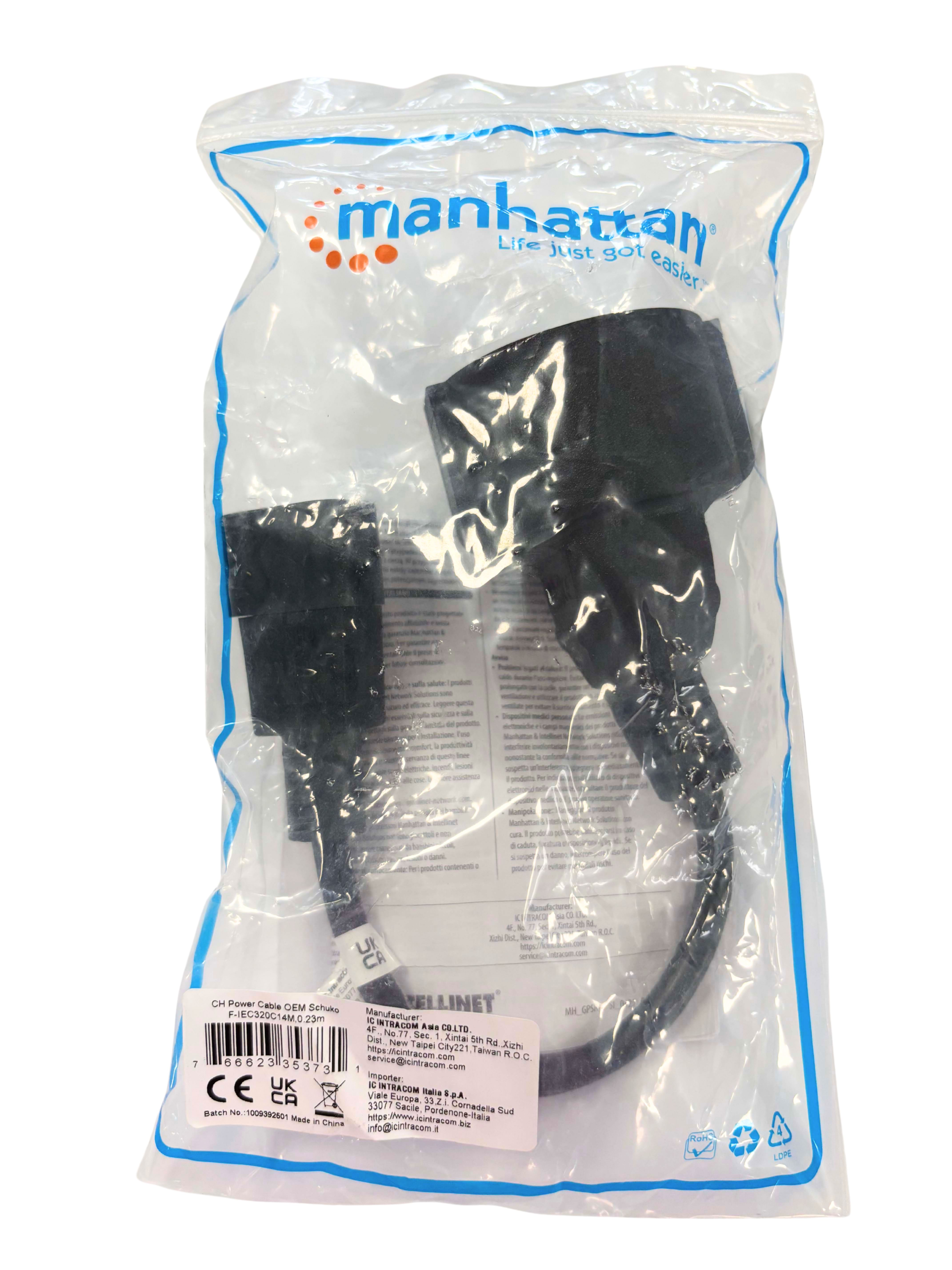 Cavo di Alimentazione VDE C14 Maschio / Schuko Femmina 23 cm Nero - Manhattan ICOC 067-NC