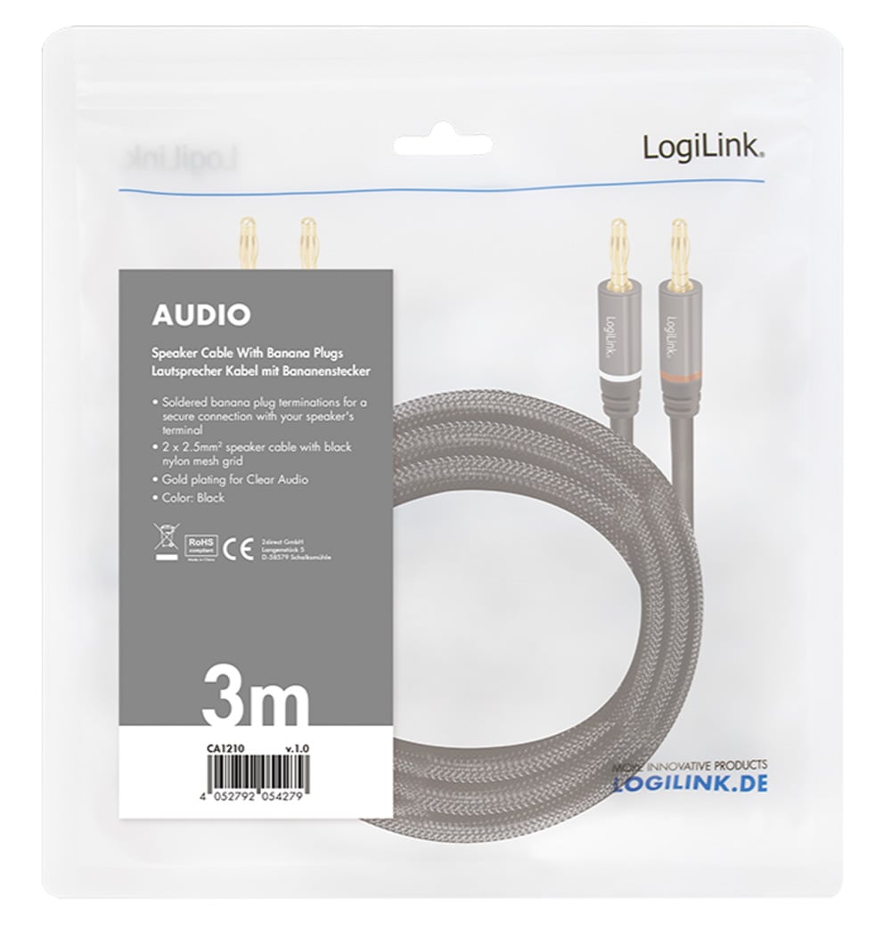 Cavo per Altoparlanti 2x2 Spinotti a Banana Nylon Nero 5m - Logilink ICOC 25-SB-050