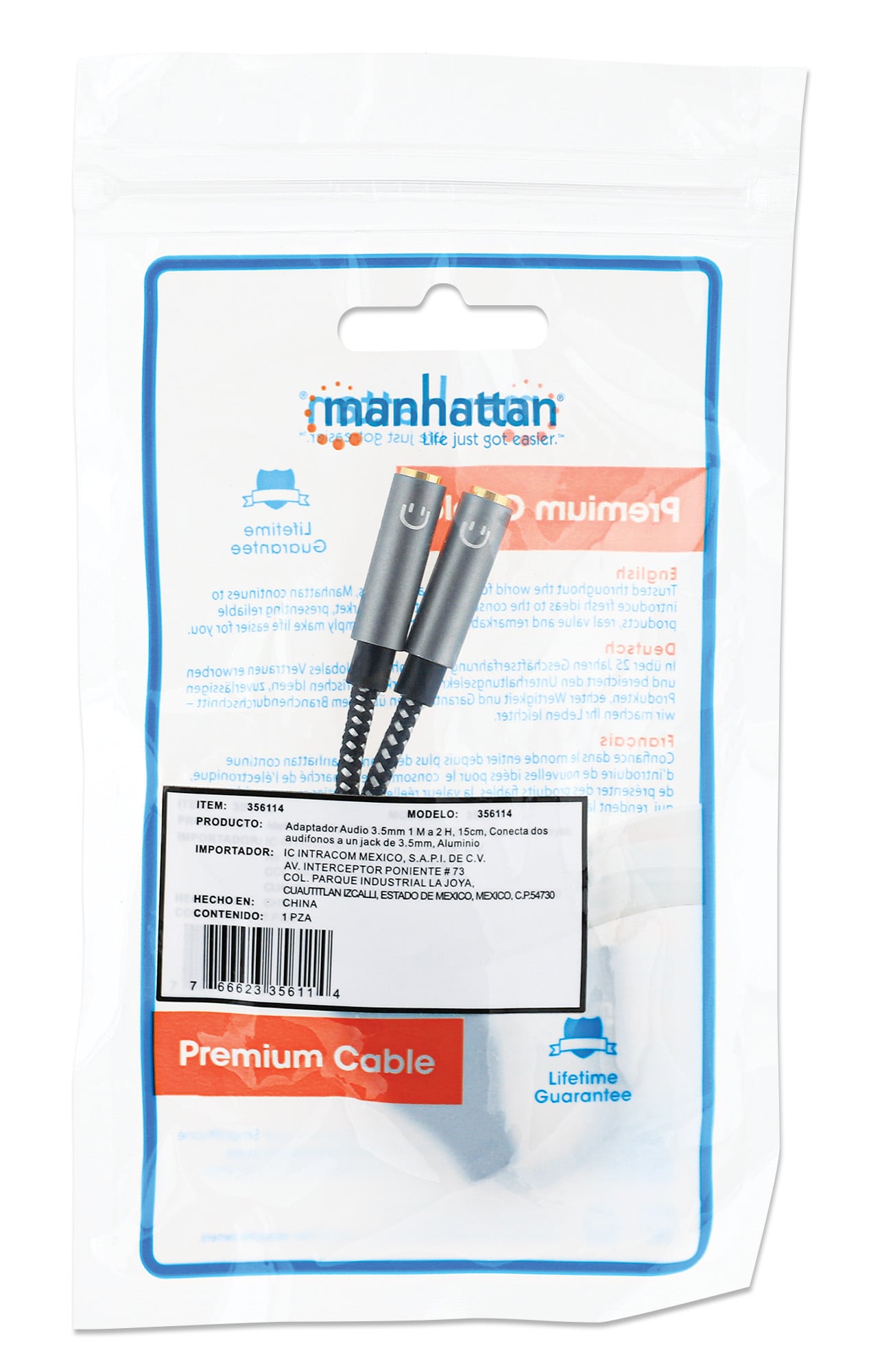 Cable Adapter Audio splitter for Stereo AUX 15 headphones cm - Manhattan ICOC 35 H- 1 M 2 F- 015