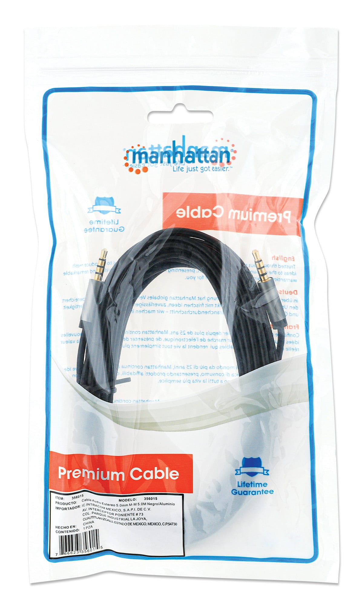 Cavo Audio Stereo AUX 3.5mm Alta Qualità M/M 5m - Manhattan ICOC 35H-MM-050
