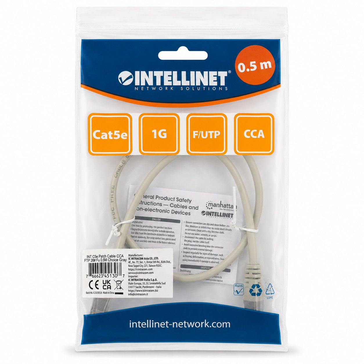 Cavo di Rete Patch in CCA Cat5E Schermato F/UTP 0,5m Grigio - Intellinet ICOC CCA5F-005M