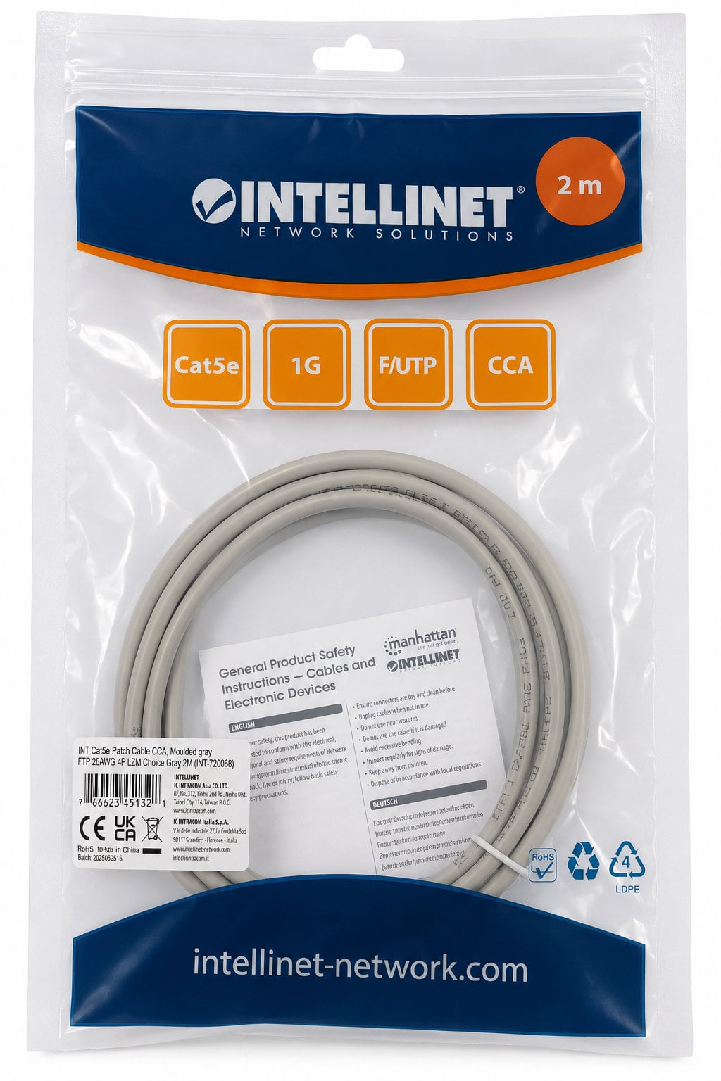 Cavo di Rete Patch in CCA Cat5E Schermato F/UTP 2m Grigio - Intellinet ICOC CCA5F-020M