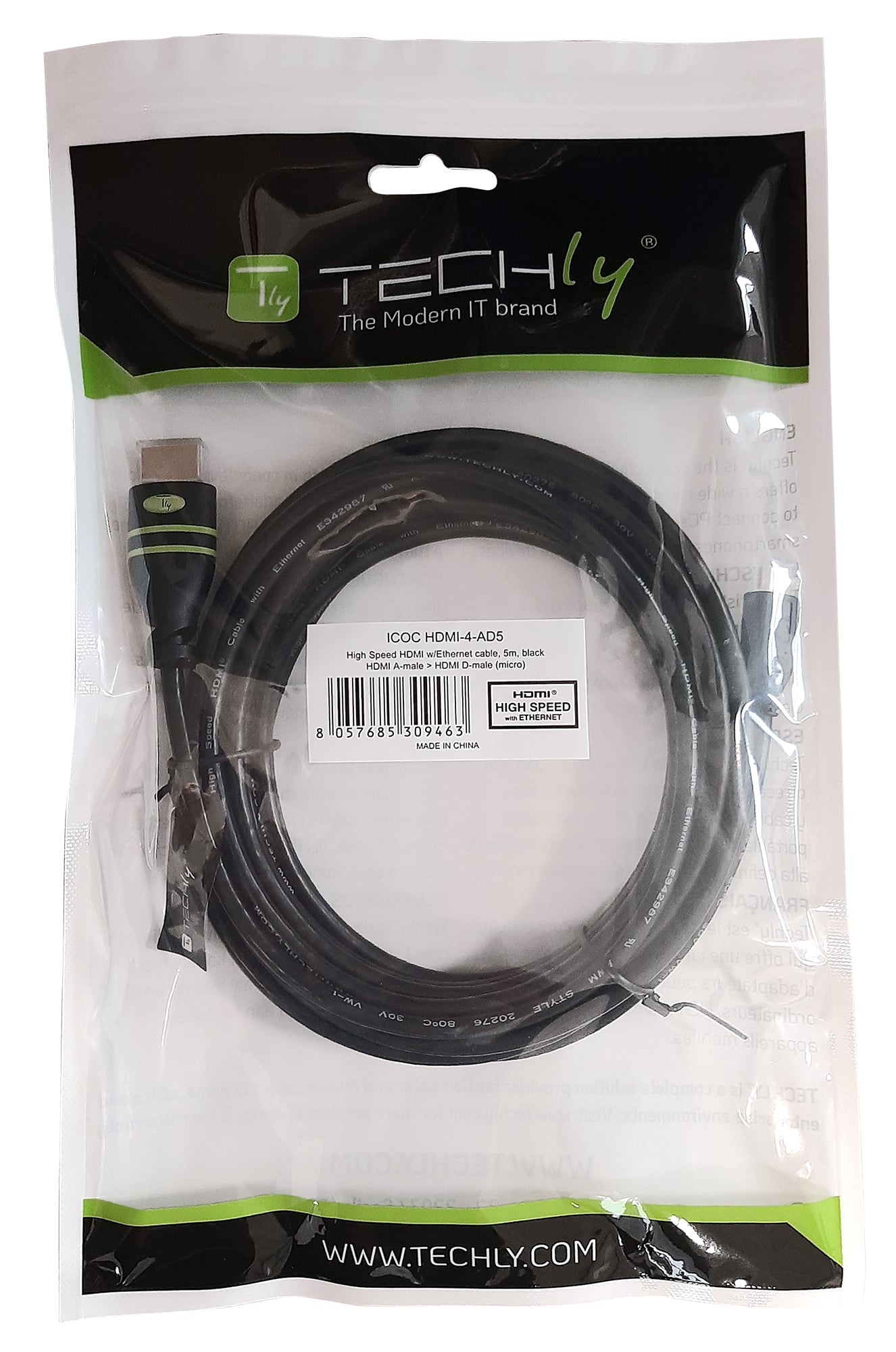 Cavo HDMI™ Highspeed con Ethernet Channel 1.4 A M/ Micro D M, 2m - Techly ICOC HDMI-4-AD2