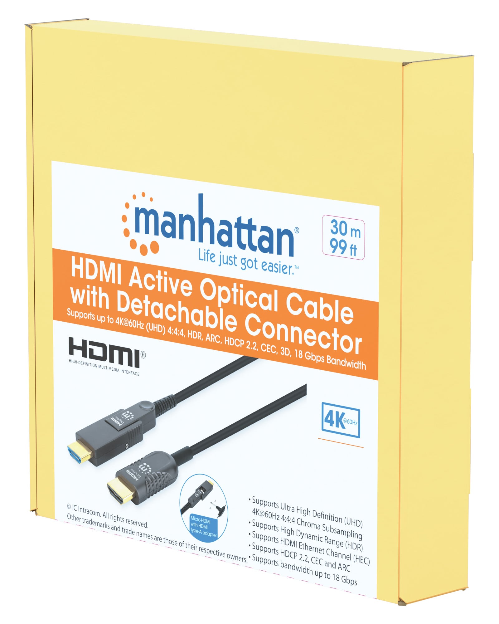 Active HDMI fiber optic cable with detachable connector 30 m - Manhattan ICOC HDMI-AOC- 030