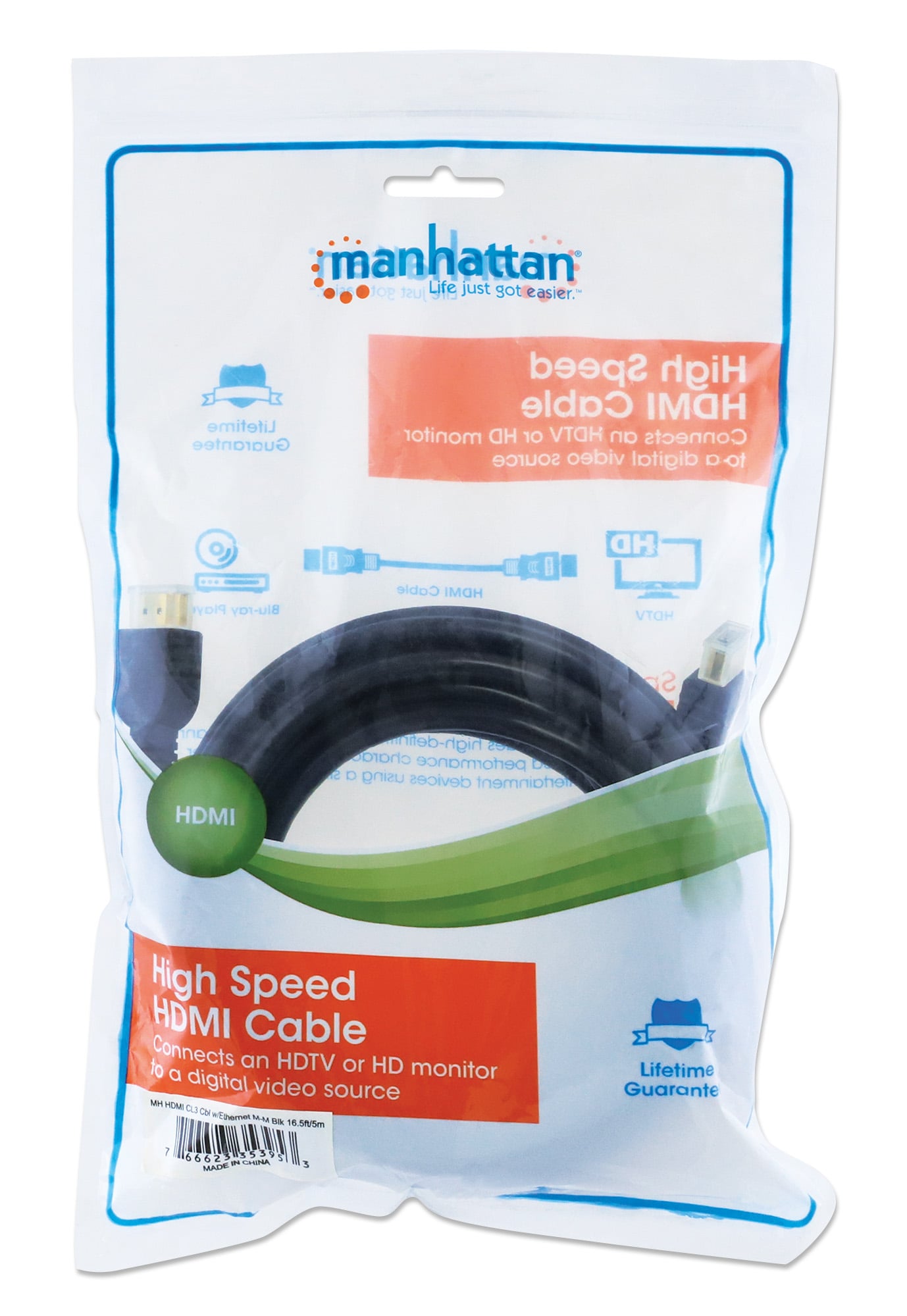 Cavo HDMI CL3 High Speed con Ethernet A/A M/M 5m Nero - Manhattan ICOC HDMI-CL3-050