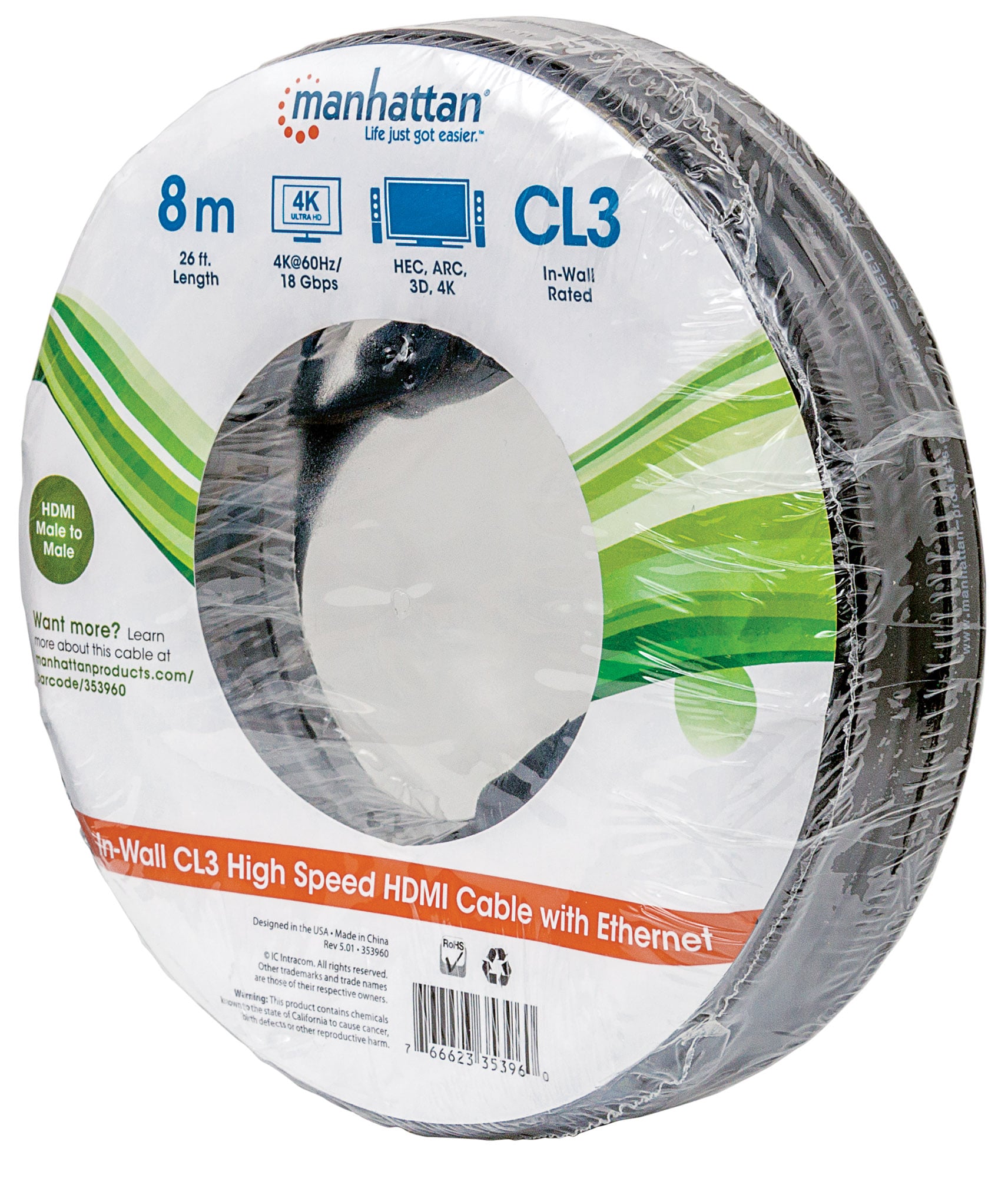 Cavo HDMI CL3 High Speed con Ethernet A/A M/M 8m Nero - Manhattan ICOC HDMI-CL3-075