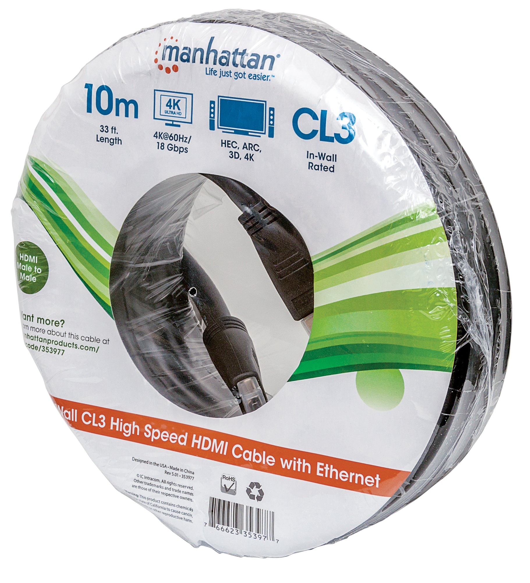 Cavo HDMI CL3 High Speed con Ethernet A/A M/M 10m Nero - Manhattan ICOC HDMI-CL3-100