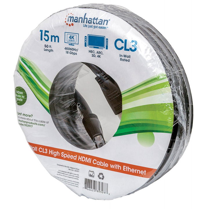 Cavo HDMI CL3 High Speed con Ethernet A/A M/M 15m Nero - Manhattan ICOC HDMI-CL3-150