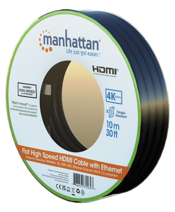Cavo HDMI High Speed With Ethernet Piatto 10m nero - Manhattan ICOC HDMI-FE-100MH