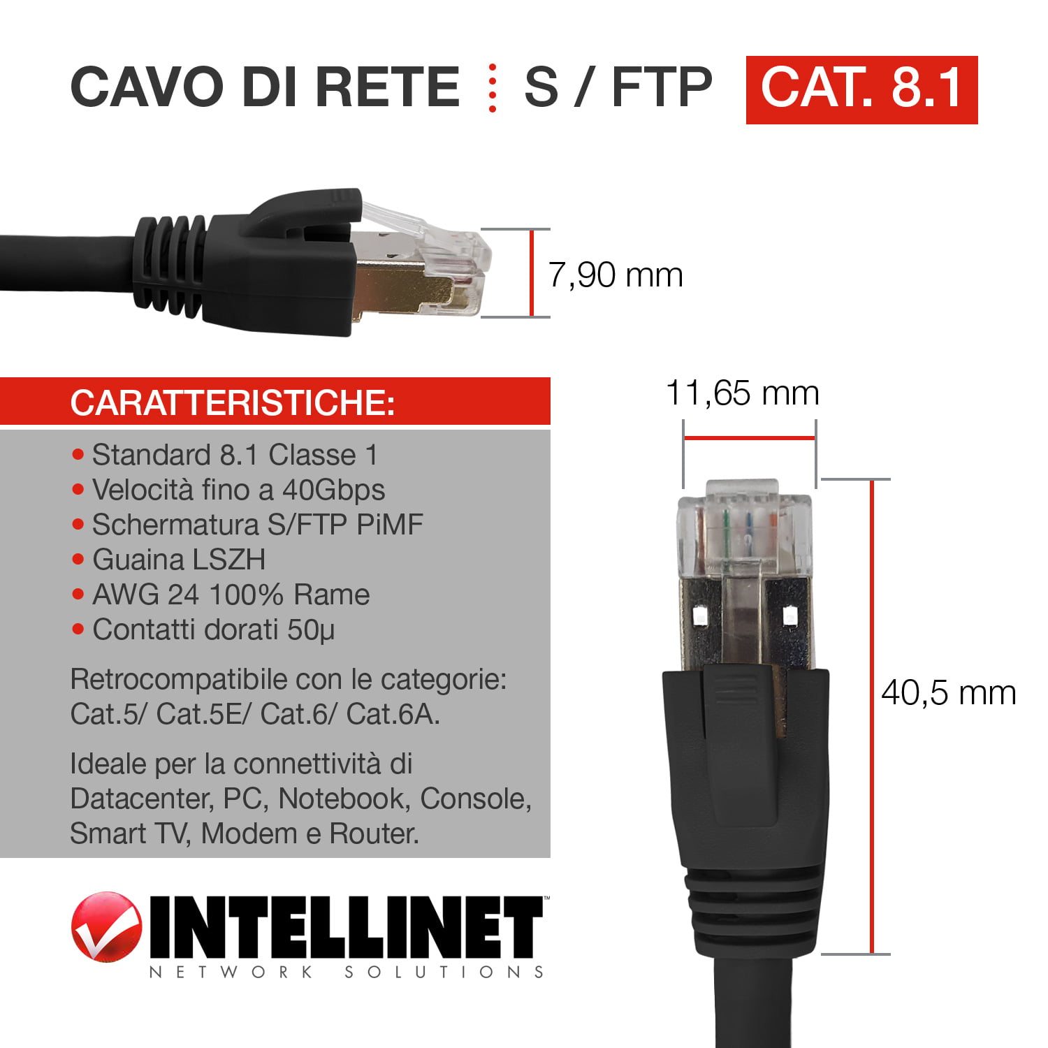 Cavo di rete Patch in rame Cat8.1 SFTP LSZH 2m Nero - Intellinet ICOC LS8-020-BK