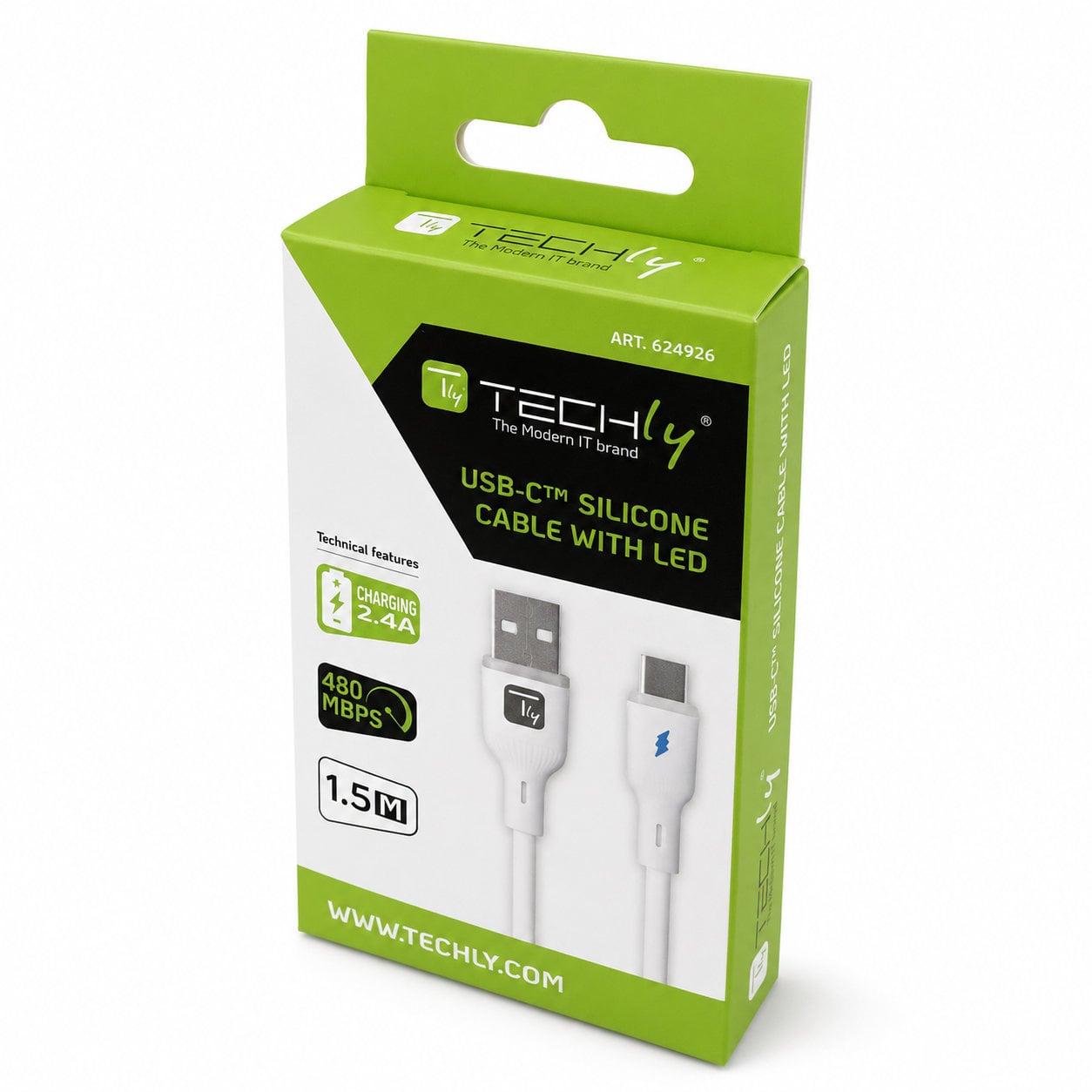 Cavo USB-C Maschio / USB-A Maschio 2.0 2.4A 1,5m Silicone con LED Bianco - Techly ICOC MU2AC-015-LIGH