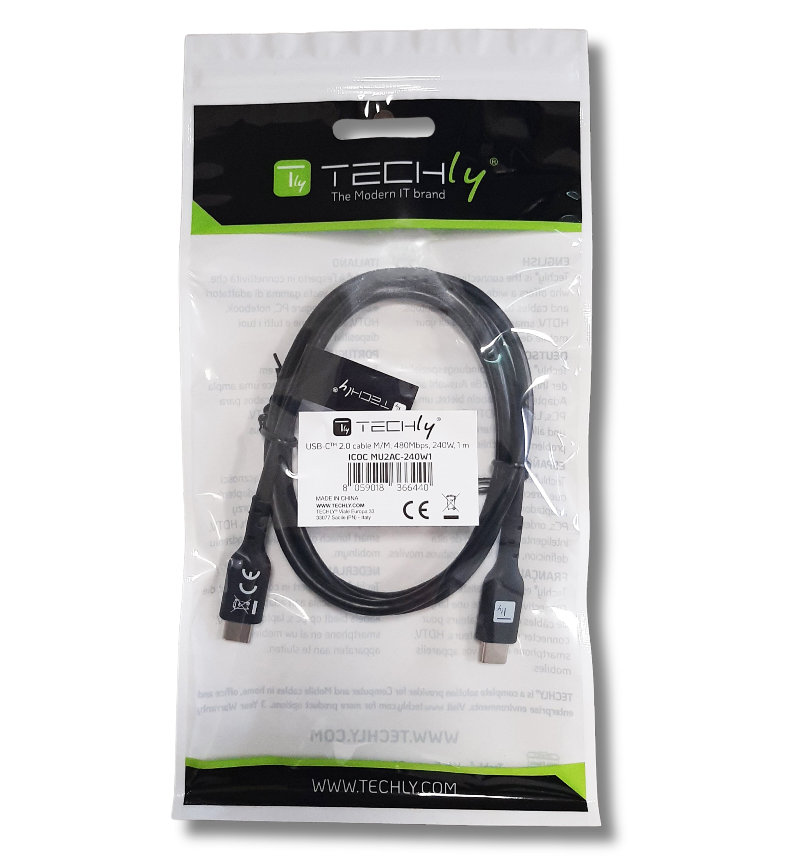USB-C cable M/M E-Mark USB 2.0 240 W PD 2 m Black - Techly ICC MU 2 AC- 240 W 2