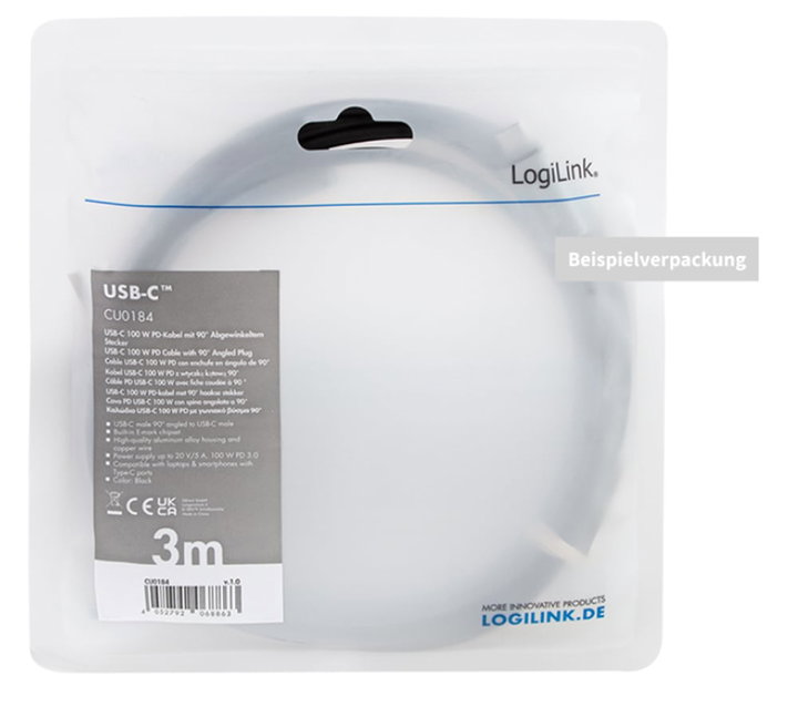 Cavo HighSpeed E-mark PD USB-C Maschio Angolato/USB-C Maschio Dritto 3m Nero - Logilink ICOC MU2AC9-100W3