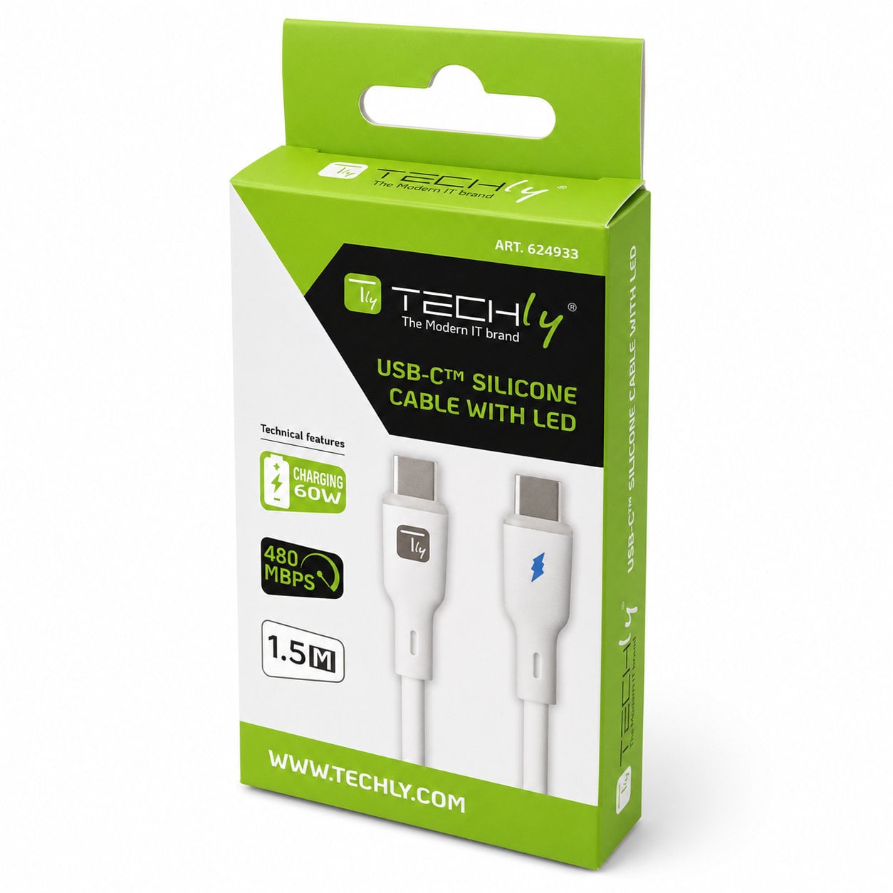 Cavo USB-C Maschio / USB-C Maschio 2.0 PD 60W 1,5m Silicone con LED Bianco - Techly ICOC MU2CC-015-LIGH