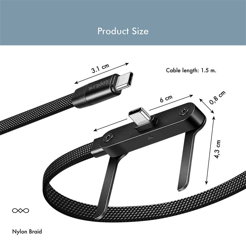 Cavo USB-C M/M 1,5m 480Mbps 240W con Supporto Nero - Logilink ICOC MU2CC-240W-ST