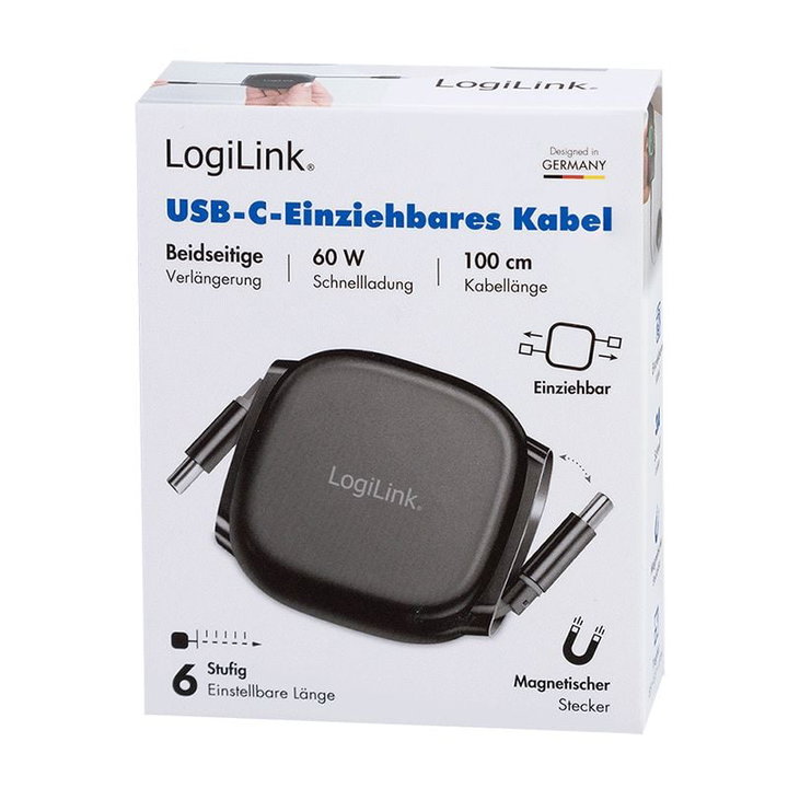 Cavo USB-C Retrattile PD 60W 3A Compatibile Thunderbolt 3/4 1 metro Nero - Logilink ICOC MU2CC-RETR601BK