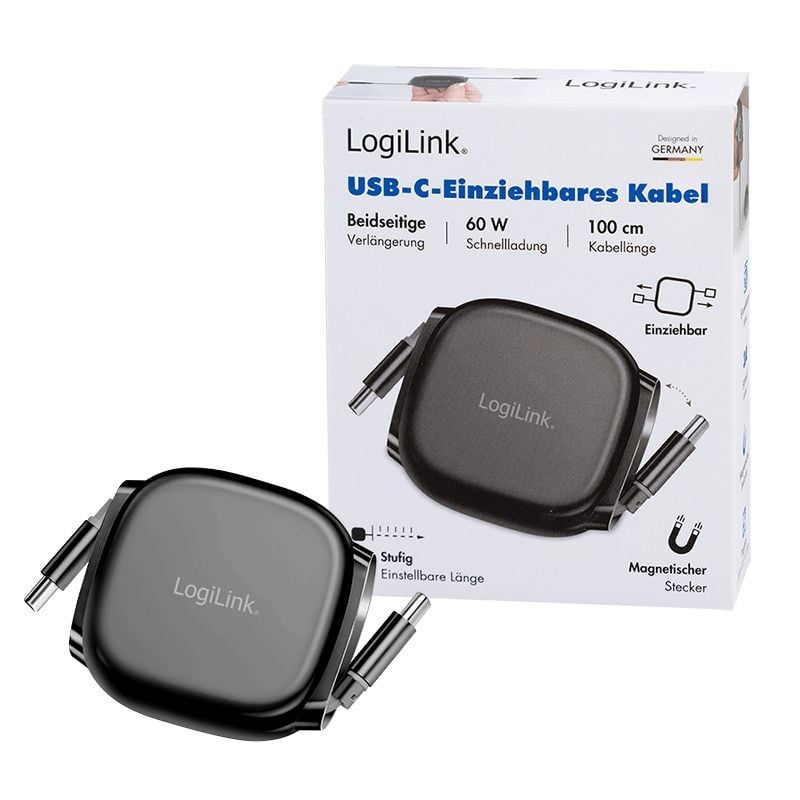 Cavo USB-C Retrattile PD 60W 3A Compatibile Thunderbolt 3/4 1 metro Nero - Logilink ICOC MU2CC-RETR601BK