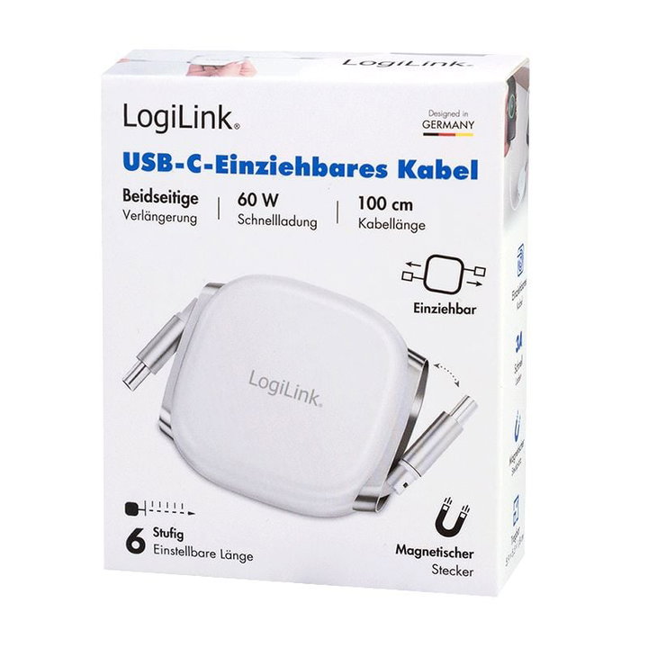 Cavo USB-C Retrattile PD 60W 3A Compatibile Thunderbolt 3/4 1 metro Bianco - Logilink ICOC MU2CC-RETR601WH