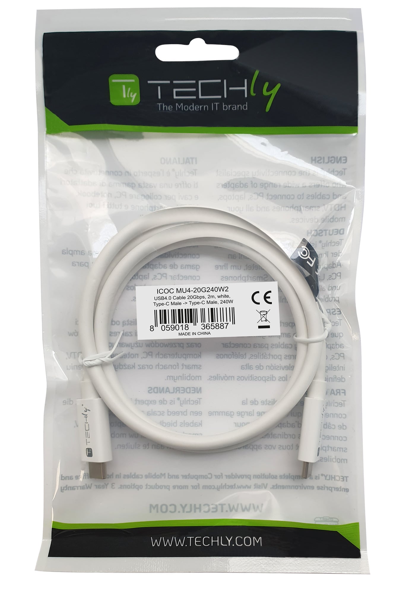 Cavo USB4 Gen2 EPR USB-C™ M/M 20G 240W PD3.1 4K E-Mark Certificato 2m - Techly ICOC MU4-20G240W2