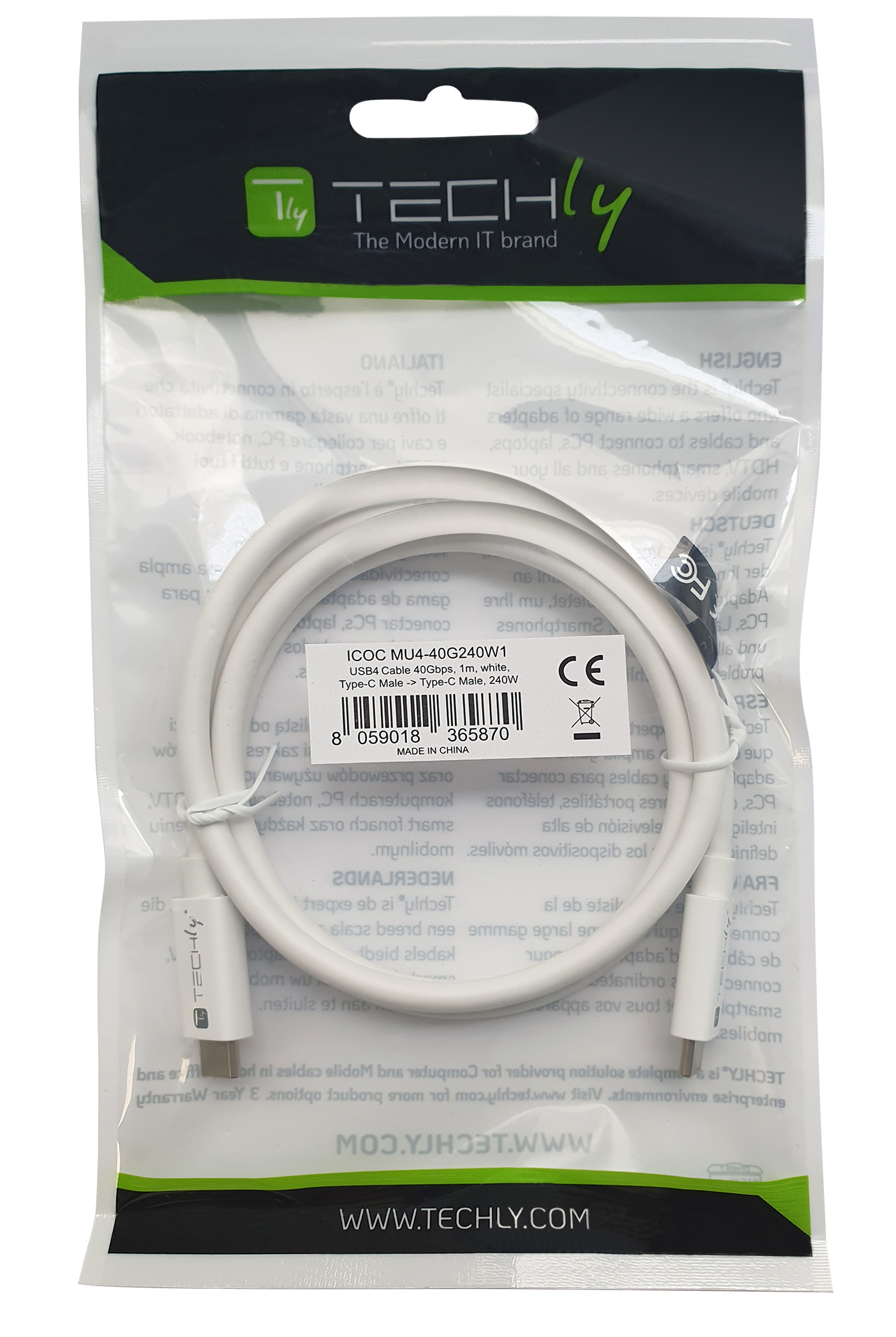 Cavo USB4 Gen3 EPR USB-C™ M/M 40G 240W PD3.1 8K E-Mark Certificato 1m - Techly ICOC MU4-40G240W1