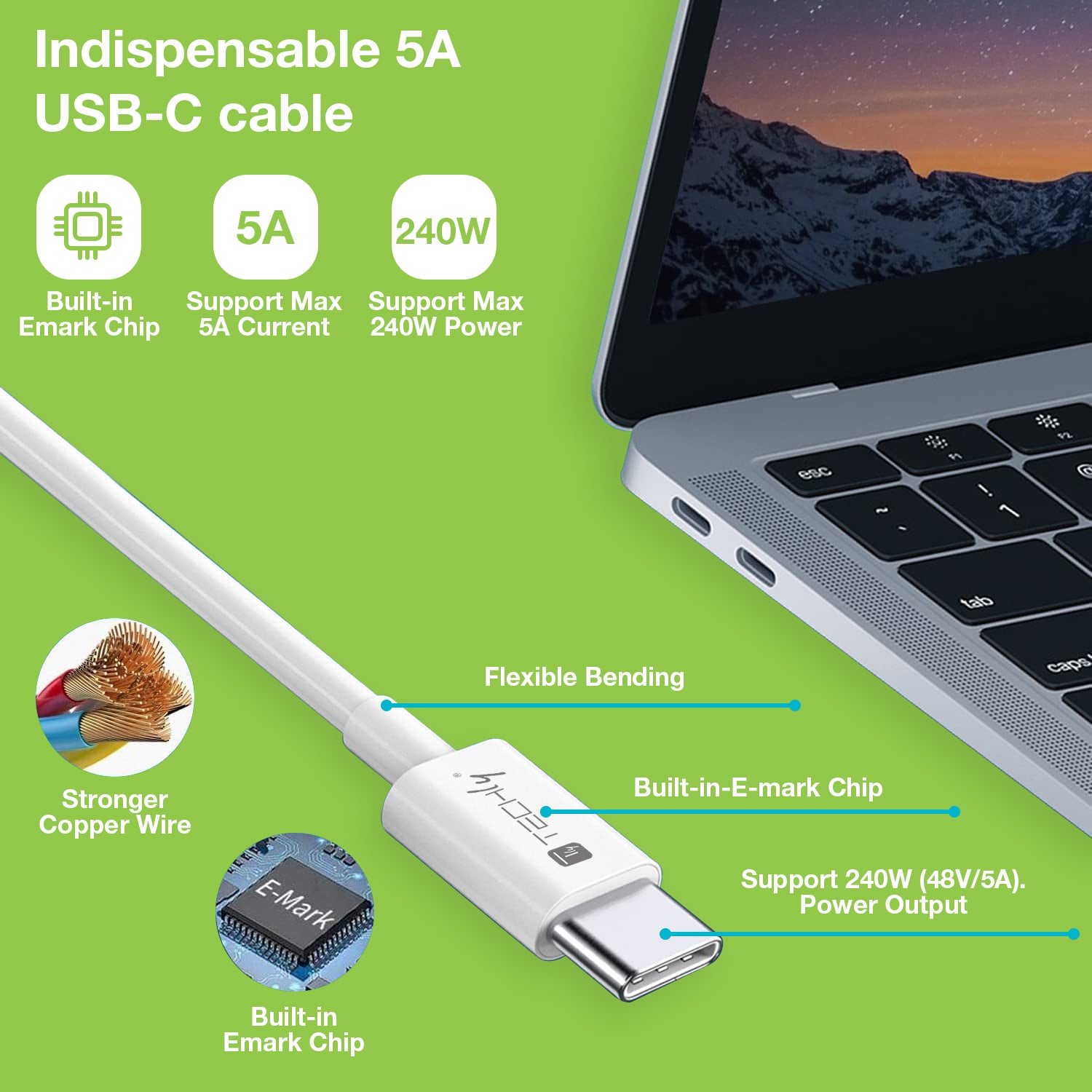 Cavo USB4 Gen3 EPR USB-C™ M/M 40G 240W PD3.1 8K E-Mark Certificato 1m - Techly ICOC MU4-40G240W1