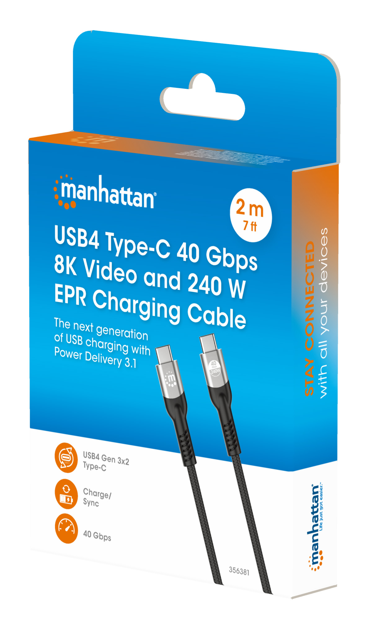 USB cable 4 EPR USB-C M/M 40 G 240 W PD 3.1 8 K E-Mark 2 m - Manhattan ICC MU 4 - 40 G 240 W 2 M