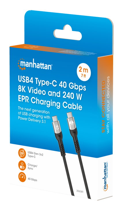 Cavo USB4 EPR USB-C M/M 40G 240W PD 3.1 8K E-Mark 2m - Manhattan ICOC MU4-40G240W2M