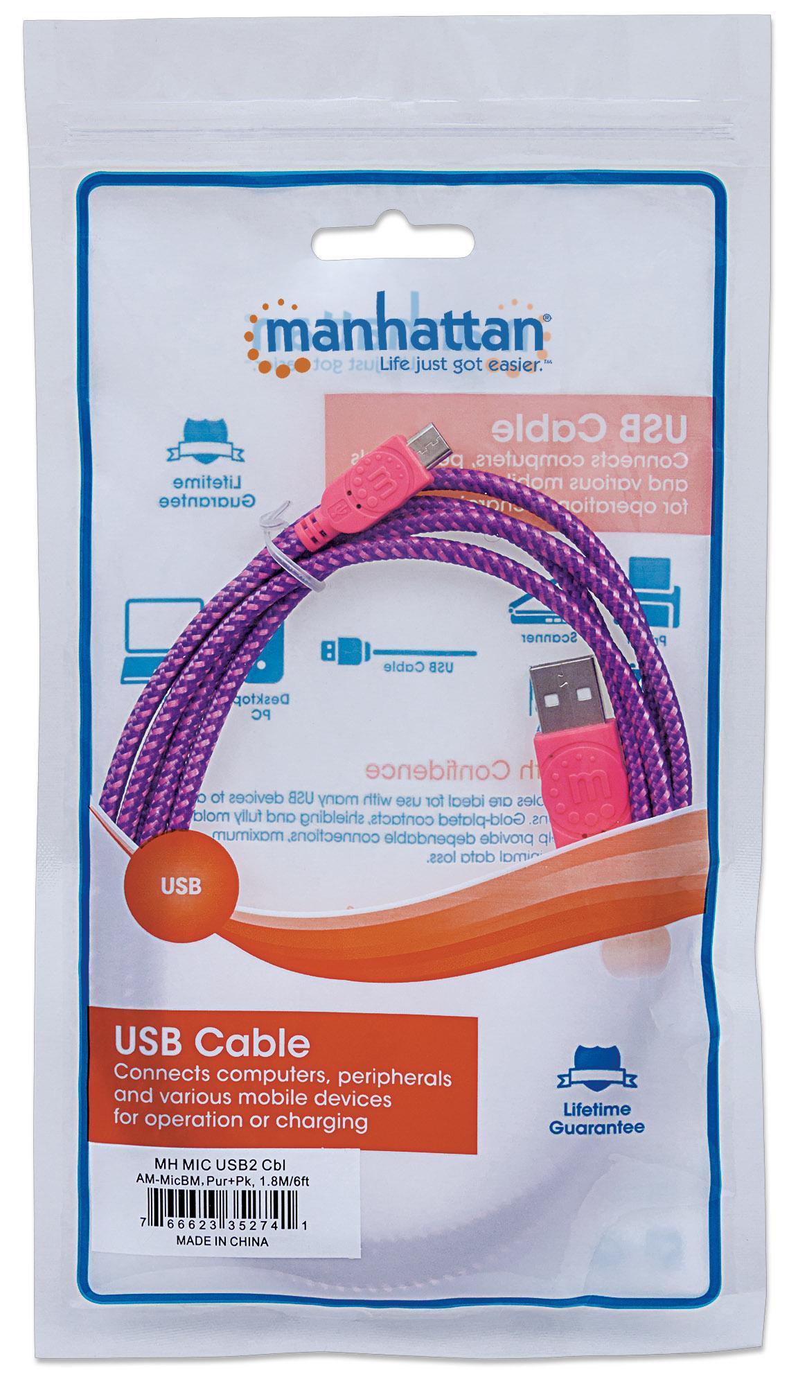 Cavo Micro USB Guaina Intrecciata USB/MicroUsb 1.8m Viola/Fucsia - Manhattan ICOC MUSB-A-018BPP