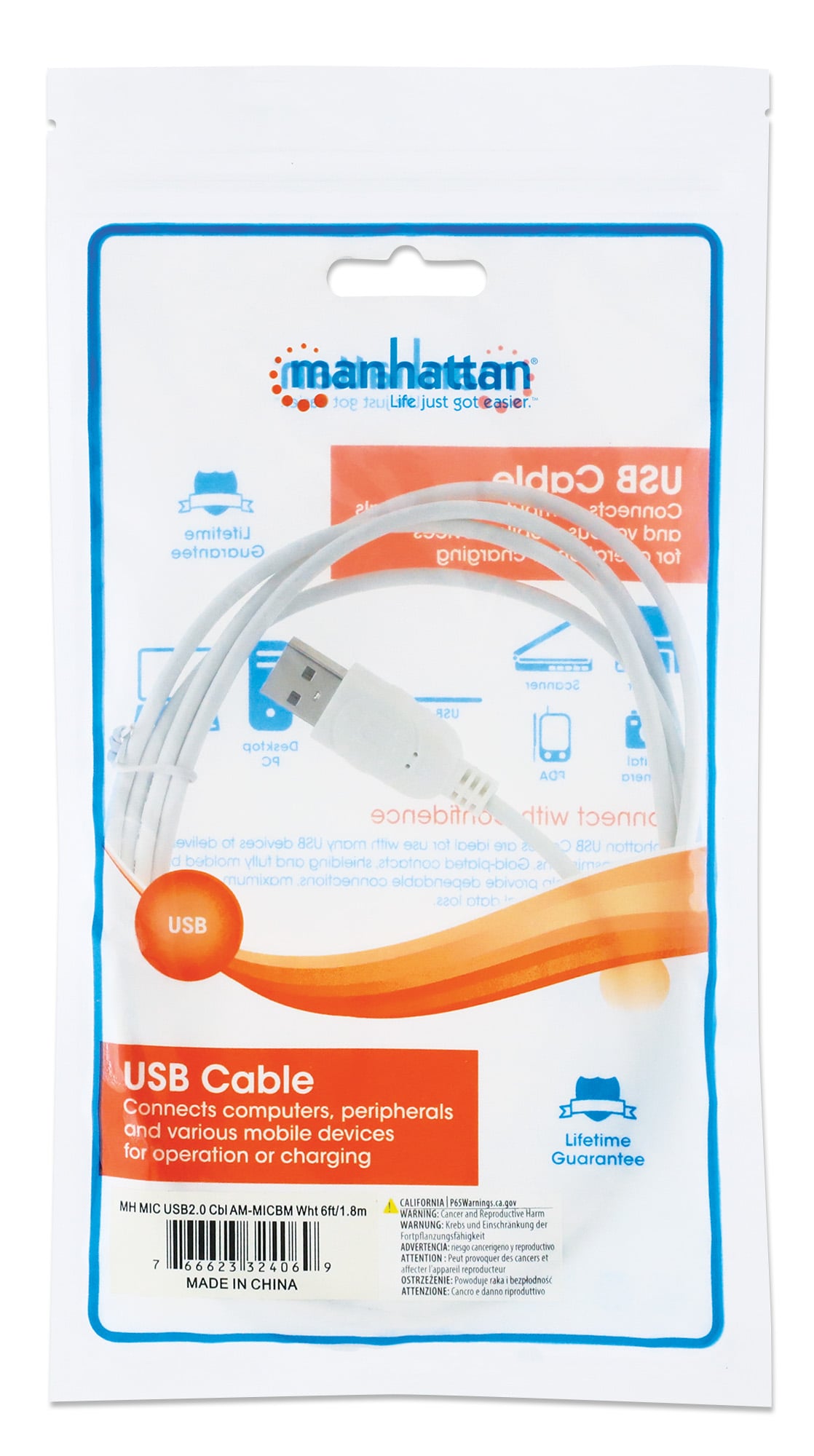 Cavo USB 2.0 A maschio/Micro B maschio 1,8m Bianco - Manhattan ICOC MUSB-A-018W