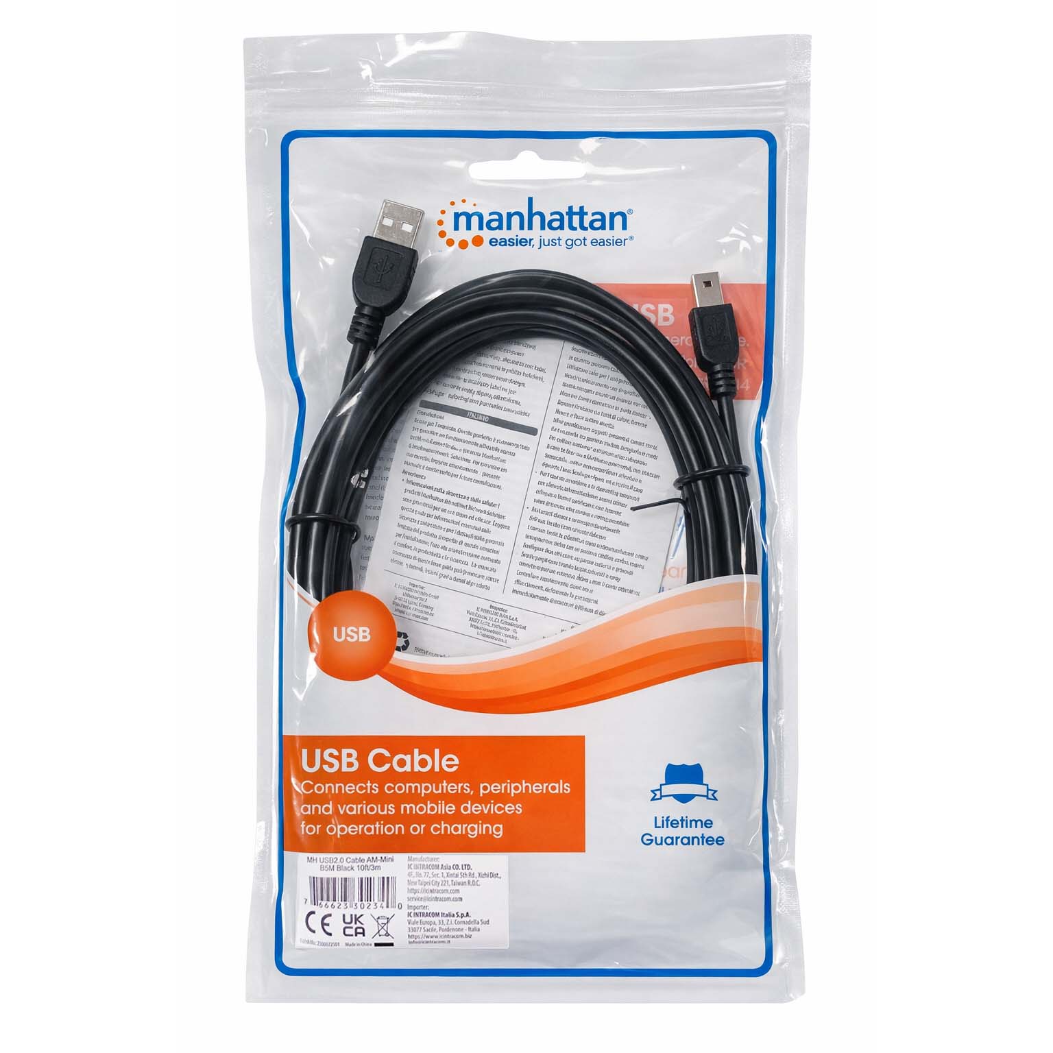Cavo USB 2.0 A maschio/mini B 5 pin maschio 3m Nero - Manhattan ICOC MUSB-AA-030