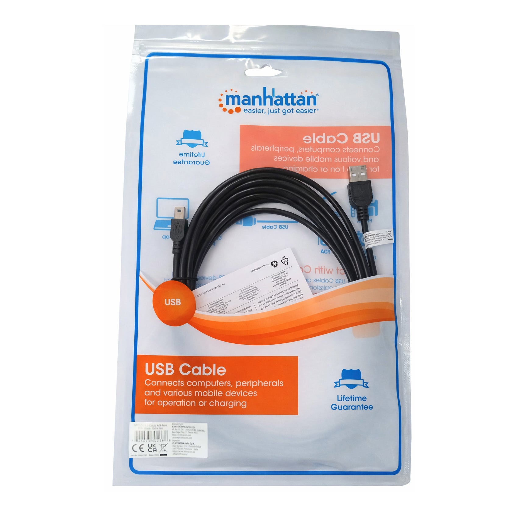 Cavo USB 2.0 A maschio/mini B 5 pin maschio 4,5m Nero - Manhattan ICOC MUSB-AA-045