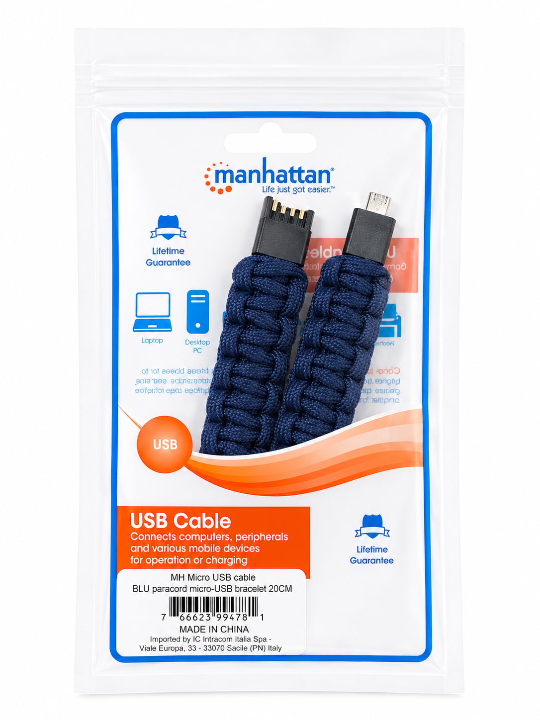 Paracord Bracelet with Blue Micro USB - Manhattan ICOC MUSB-BRACB