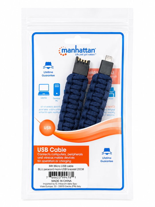 Bracciale Paracord con Micro USB Blu - Manhattan ICOC MUSB-BRACB